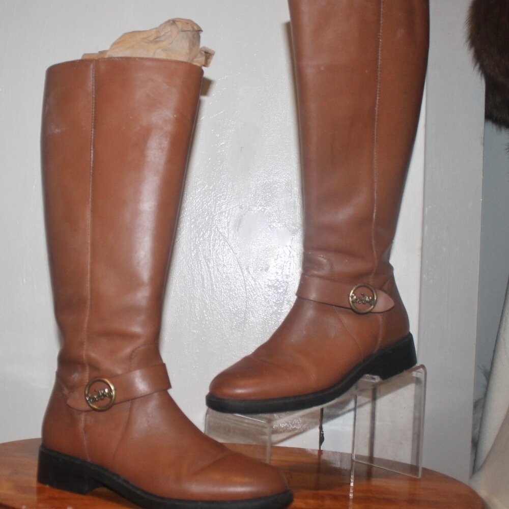 $365 Coach Farrah Riding Tall Leather Boots w Horse & Carriage Buckle 7.5